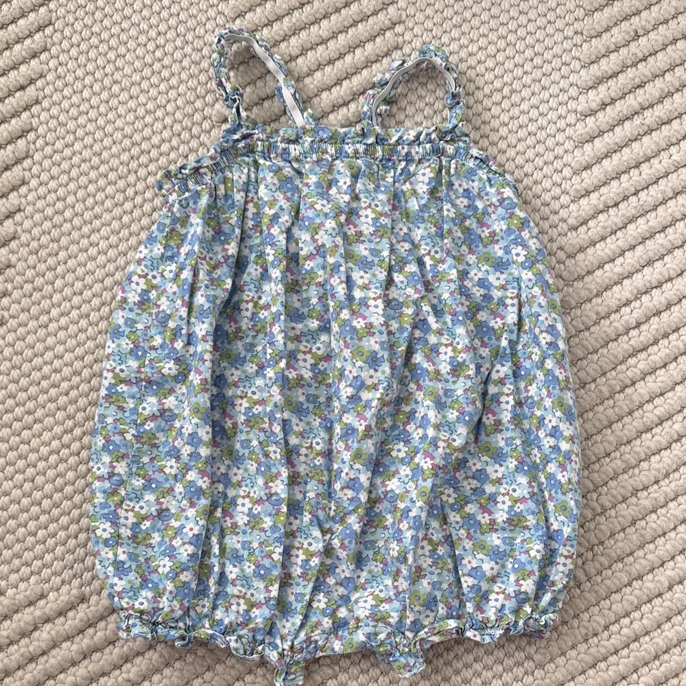 Bisby Blue Floral Bubble Romper Ruffle Strap Lightweight Baby 6-12 Months